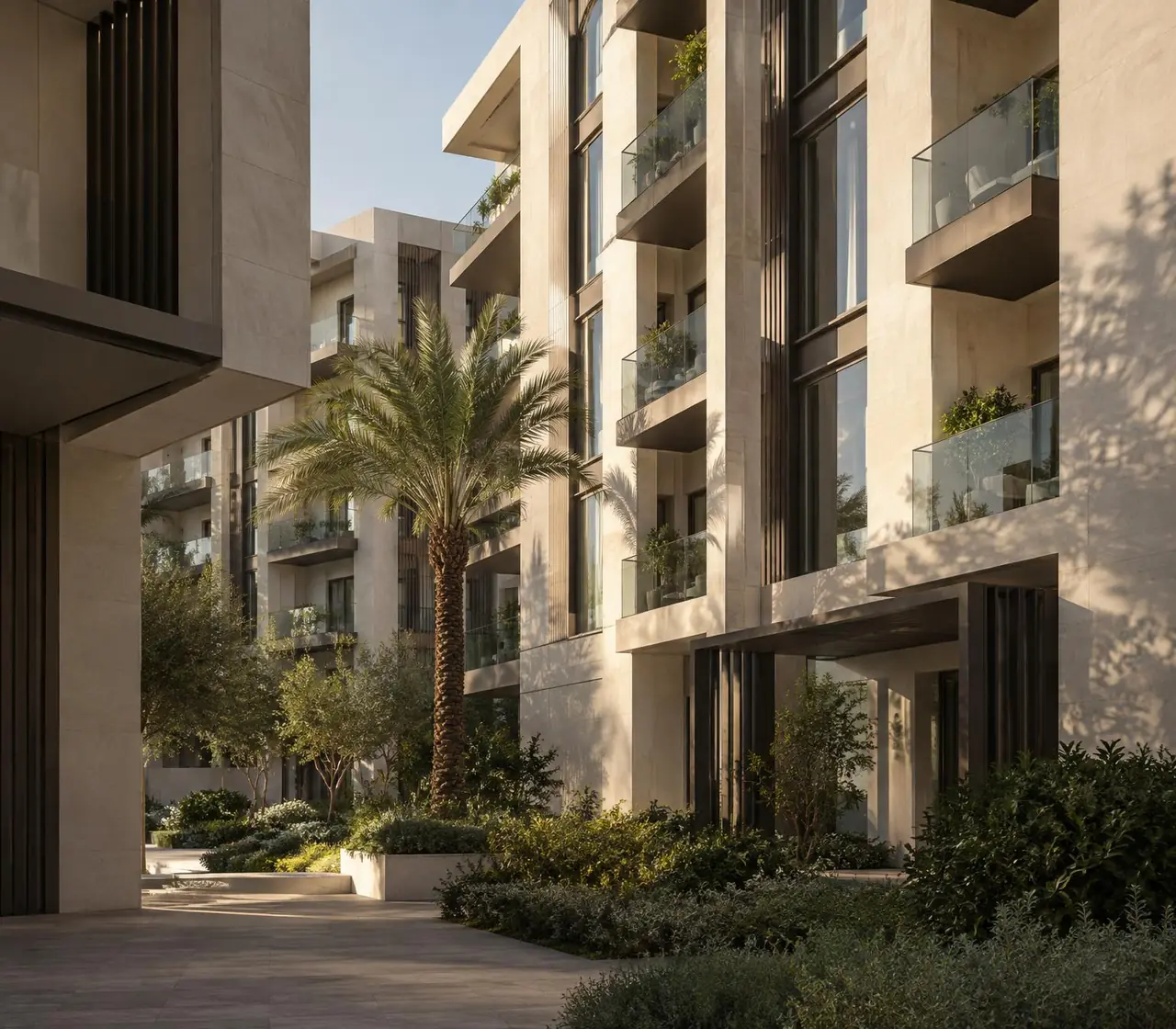 Contemporary Dubai residences arranged around a sunlit landscaped courtyard