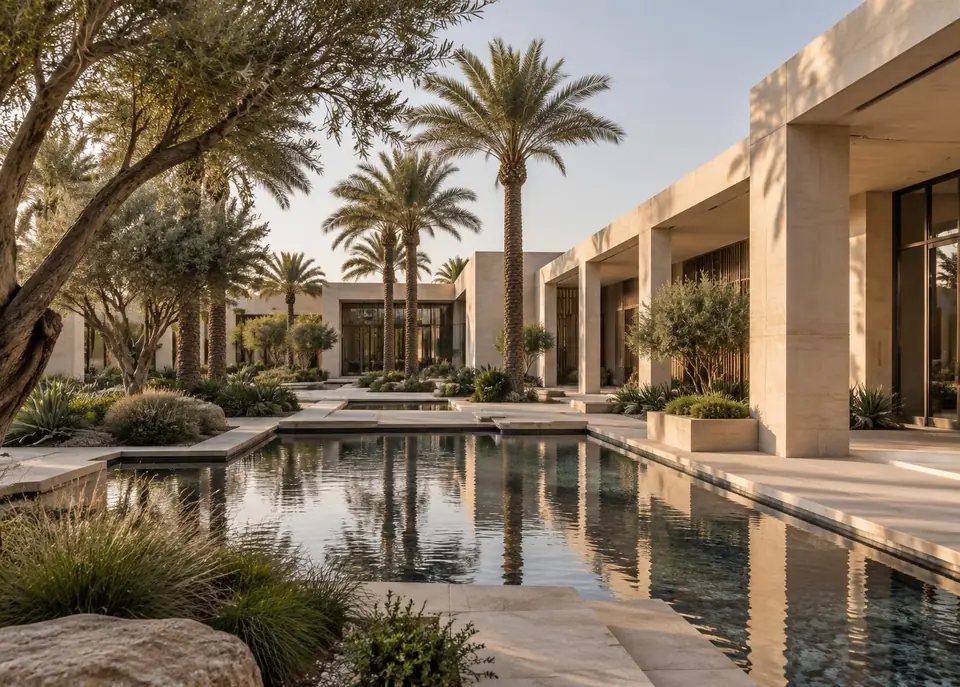 Contemporary low-rise residences within a mature desert landscape